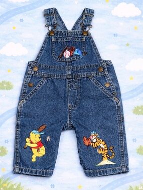 Upcycle Winnie the Pooh & Tigger Embroidered Denim Overalls - Blue